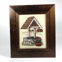 Vintage Wishing Well Barn Folk Art Hooked Linen Rug Mounted Framed 12.5 X 14.5 - £32.17 GBP