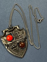 Vintage SIlvertone Chain w Large Etched Silvertone Shield or Crest w Orange &amp; Am - £8.99 GBP
