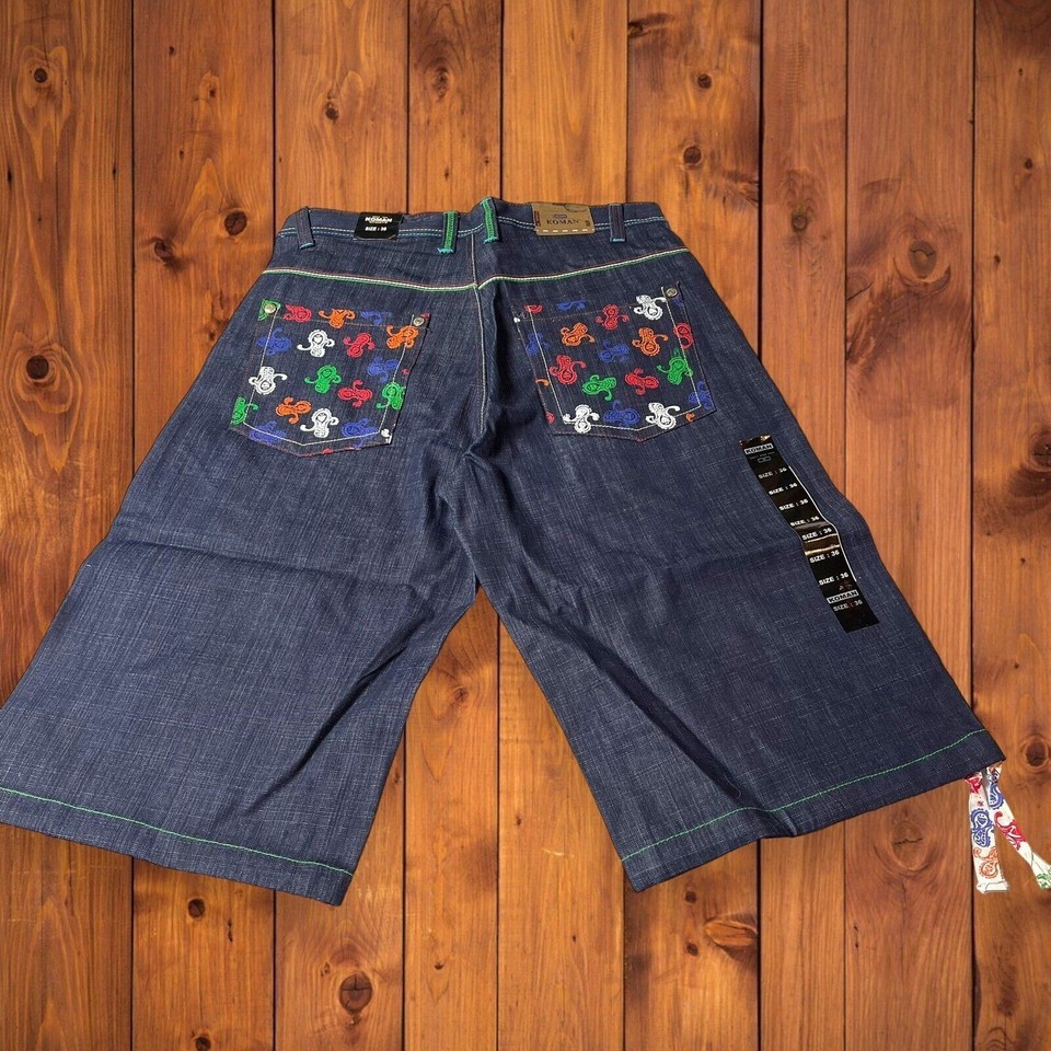 Vtg NWT Sz 36 Koman Denim Blue Jeans Shorts Embellished Pockets Y2K Hip Hop - $41.40