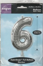 Anagram Metalic Silver Number "6" size 34" x 23" SuperShape Foil Balloon - £7.92 GBP