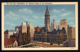 PHILADELPHIA PA linen postcard not mailed CITY HALL MASONIC TEMPLE in FO... - $4.95
