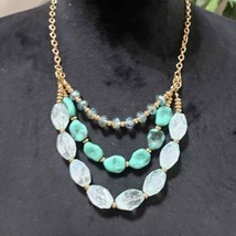 Womens Fashion Triple-Strand Turquoise Beaded Gold Tone Chain Statement Necklace - £22.37 GBP