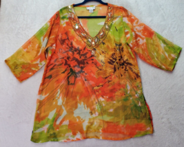Jessica Taylor Cover Up Womens XL Orange Green Tie Dye Sheer Beaded Sequ... - $25.89