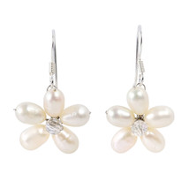 Elegant White Pearl Crystal Daisy Flower .925 Silver Wedding Bridal Earrings - £11.30 GBP