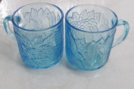 Vintage Circa 1980&#39;s KIG (2) Light Blue Glass Fruit Design Mugs Made In Indonesi - £25.17 GBP