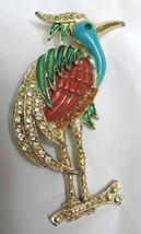 Goldtone w/ turquoise green coral enamel heron bird pin brooch rhinestones - £20.77 GBP