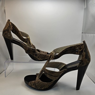 Michael Kors Berkley T-Strap Heels Women&#39;s Embossed Leather Sand Brown S... - £14.18 GBP