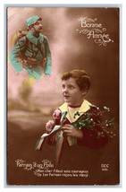 RPPC Child w Inset World War I Soldier Bonne Annee Happy New Year Postcard U22 - £4.77 GBP