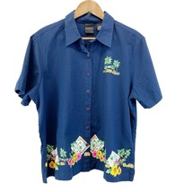Vintage Erika Womens XL Button Front Short Sleeve Shirt Top Tropical Navy Summer - £19.25 GBP
