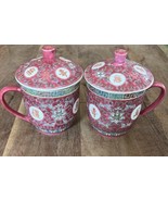 2 Famille Rose Medallion Jingdezhen  Longevity Lidded Coffee Mug Tea Cups - $472.40 MXN