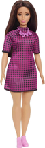 Barbie Fashionistas Doll #188 with Curvy Shape, Black Hair, Checkered Dress, Pin - £12.88 GBP