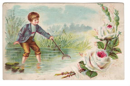 c1890&#39;s Trade Card Lion Coffee, Woolson Spice Co. King Of Coffees, Boy in Pond - £7.28 GBP