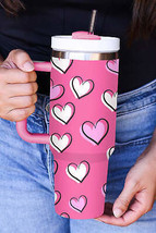 Rose Red Valentines Heart Printed Thermos Cup with Handle 40oz - £24.31 GBP