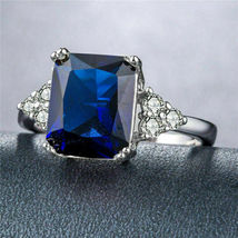 2.50Ct Emerald Cut Blue Sapphire &amp; Diamond Engagement Ring 14K White Gold Finish - £79.81 GBP