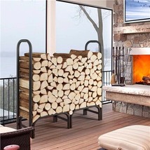 4Ft Firewood Log Rack W/ Waterproof Cover, Metal Log Holder Outdoor Indoor Black - £69.60 GBP