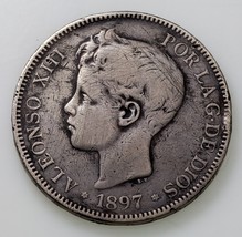 1897 (97)  Spain 5 Pesetas Silver Coin in Fine Condition, KM# 707 - $49.50