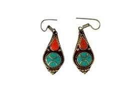 Tibetan Ethnic Tribal Drop Earrings with Turquoise, Nepal Jewelry - £11.19 GBP