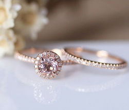 1.85ct Round Cut 14k Rose Gold Finish Peach Morganite Bridal Set Engagement Ring - £73.96 GBP