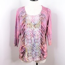 One World Women&#39;s L Pink Colorful Embellished Ruched Semi-Sheer Blouse Top - £9.55 GBP