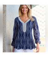 NWOT BOSTON PROPER Navy and White Eyelet Beaded Embellished Tunic Top Si... - $43.54