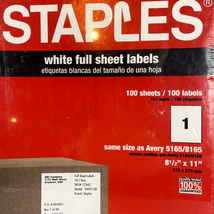 Staples White Sheet Labels 8.5x11 100 Sheets Laser Inkjet Printer Avery ... - $10.63