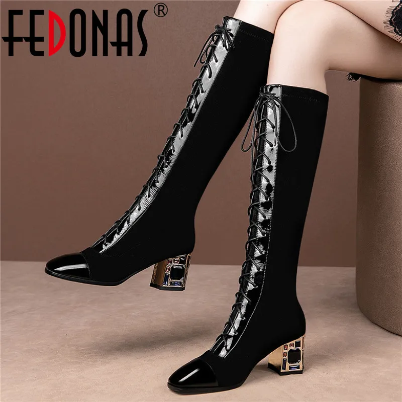 FEDONAS  Tight High Boots Rhinestone Leather Cross Tied Shoes Woman Nigh Club Pa - £251.78 GBP