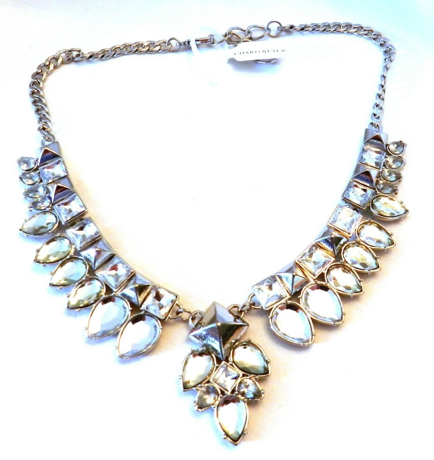 16" SILVER TONE CHUNKY PARTY BIB NECKLACE WITH LARGE STONES & HUGE CLASP - $9.99