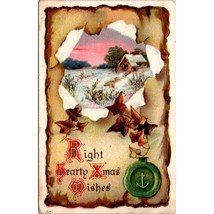 Antique Embossed Christmas Greetings Postcard, Right Hearty Xmas Wishes Snowy - £6.18 GBP