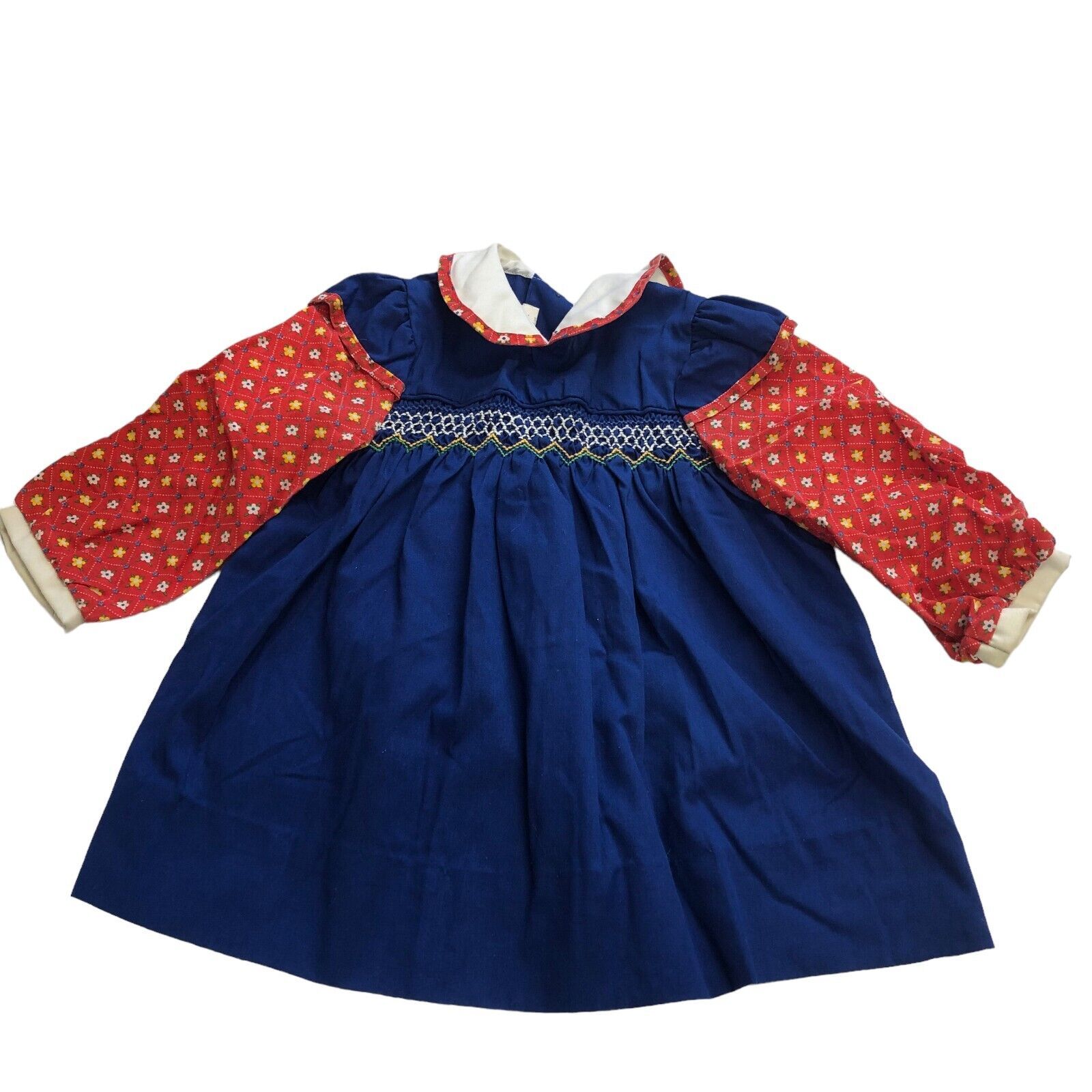 Primary image for Polly Flinders Smocked Blue Red Dress T3 Vtg Little Girls Long Sleeves