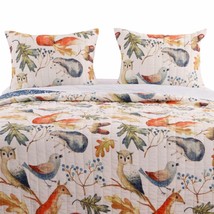 King 3 Piece Blue Beige Birds Animals Floral Microfiber Reversible Quilt Set - £164.36 GBP