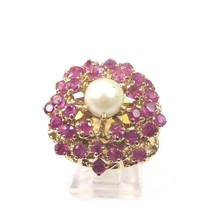 14k Yellow Gold Women&#39;s Vintage Cocktail Ring With Rubies And Pearl  - £558.05 GBP