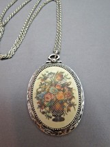VTG Sarah Coventry Pendant Necklace 1973 Tapestry Flower Basket 24&quot; Rope Chain  - £7.83 GBP