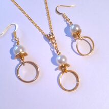 Pearl Gold jewelry hoop set pearls gold set necklace and earrings Boho c... - $52.00