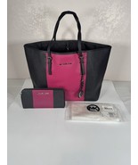 Michael Kors Jet Set Travel Leather Center Stripe Med Black Pink Tote &amp; ... - $2,300.57 MXN