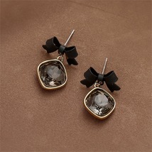 Black Enamel &amp; Crystal Bow Drop Earrings - £10.45 GBP