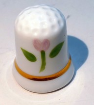 Porcelain Thimble Souvenir Pink Tulip Flower  gold rim - $14.89