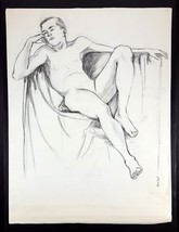 Leslie Ann Aguillard Male Nude Relaxing Charcoal Drawing Life Study 1966 - £16.61 GBP