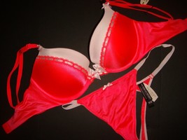Victoria&#39;s Secret push up 32A BRA SET O/S thong Coral RED pink white VERY SEXY - £55.81 GBP