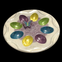 Lusterware Deviled Egg Plate Applied Butterfly Colorful Dish Ceramic - £17.60 GBP