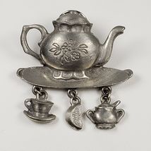 Vintage Signed LCD 1980's Pewter Tea Pot Charms Pin Brooch - $23.77