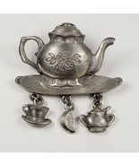 Vintage Signed LCD 1980's Pewter Tea Pot Charms Pin Brooch - $23.77