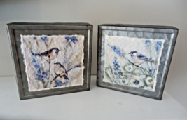 New Set 2 Galvanized Silver Metal Blue Bird Wall Pictures 6&quot; Sq Handmade Paper - £19.43 GBP
