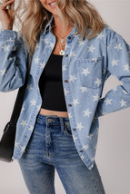 Sky Blue Star Print Light Wash Raw Hem Denim Jacket - $26.85