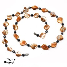 Vintage Single Strand Pink Peach Shell &amp; Black Glass Bead Necklace 26&quot; -... - £17.43 GBP