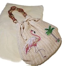 Flamingo Crochet Bag Palm Tree Drawstring Purse Natural Beige Pink Handl... - $39.37