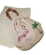 Flamingo Crochet Bag Palm Tree Drawstring Purse Natural Beige Pink Handl... - £30.79 GBP