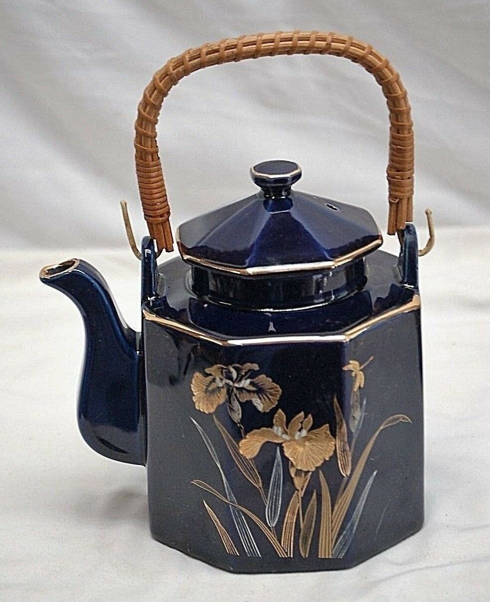 Primary image for Vintage Otagiri Japanese Tea Pot Iris Rhapsody Cobalt Blue & Gold Iris Designs