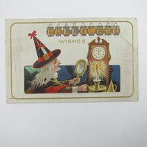 Vintage Halloween Postcard Witch Gray Hair Holds Mirror Candle Clock with Face - £31.46 GBP