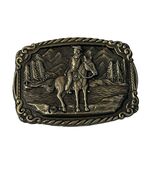Vintage Western Cowboy Belt Buckle Horse Mountain Scene Antique Gold Ton... - $20.70
