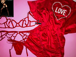 Victoria&#39;s Secret S,M Bra Set+Garter+S Thong+Robe Kimono Red Strappy Very Sexy - £134.10 GBP